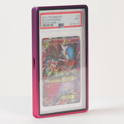 A graded Pokémon TCG card in a clear plastic slab with a pinkish-purple protective case standing upright on a white surface against a white background.