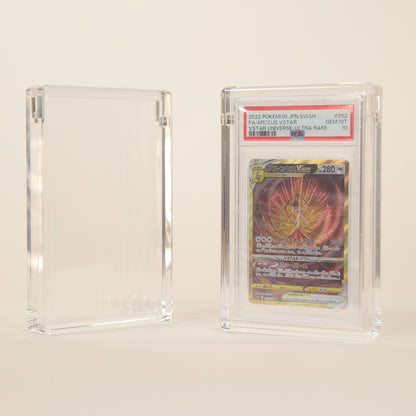 Trading card in a clear protective case on a light beige background