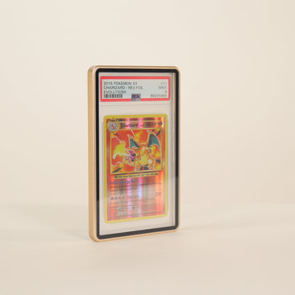 Trading card in a protective frame on a beige background
