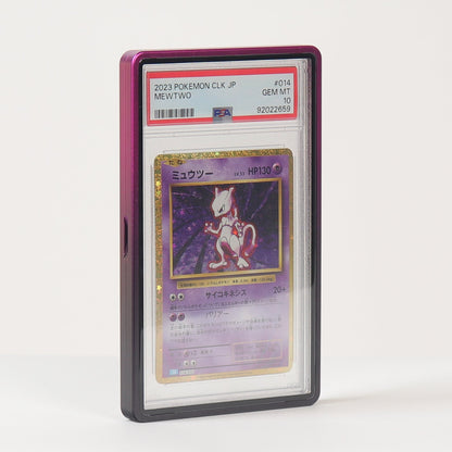 A graded Pokémon trading card inside a protective plastic grading case, standing upright on a white surface against a white background.